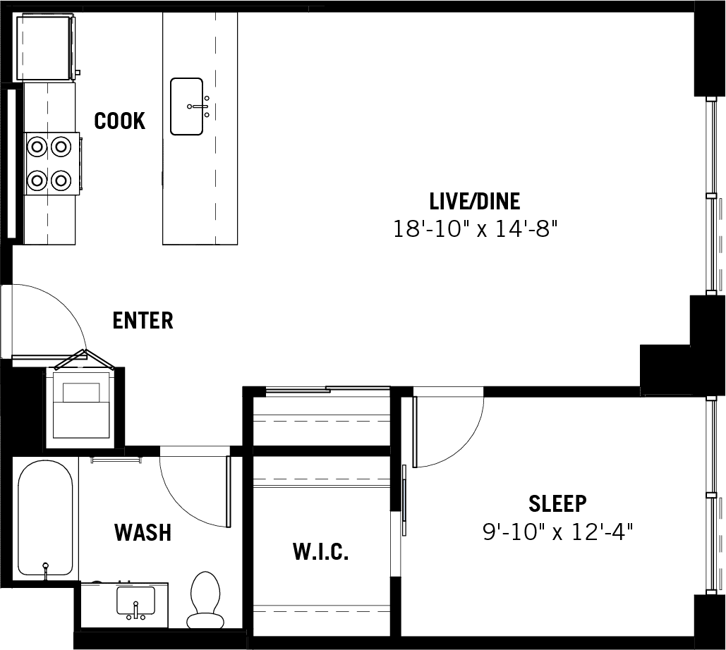 One Bed One Bath Floor Plan for Apartment 12