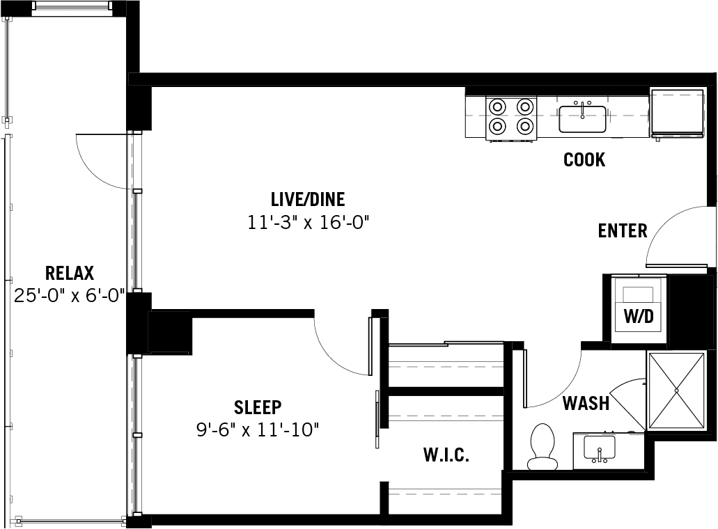 One Bed One Bath Floor Plan for Apartment 13