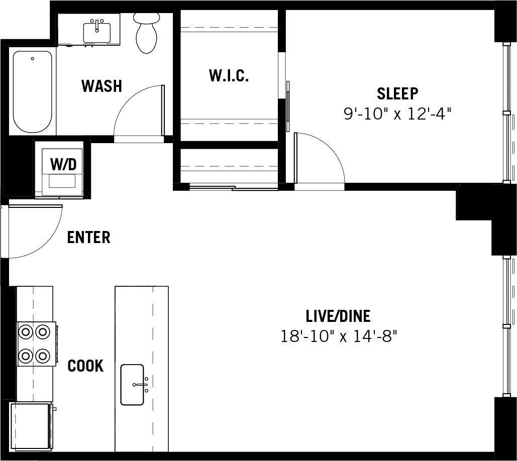 One Bed One Bath Floor Plan for Apartment 14