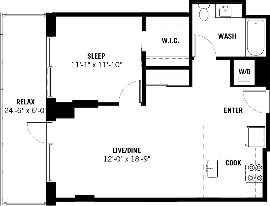 One Bed One Bath Floor Plan for Apartment 15