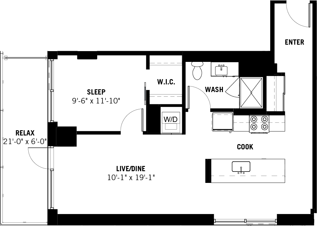 One Bed One Bath Floor Plan for Apartment 17