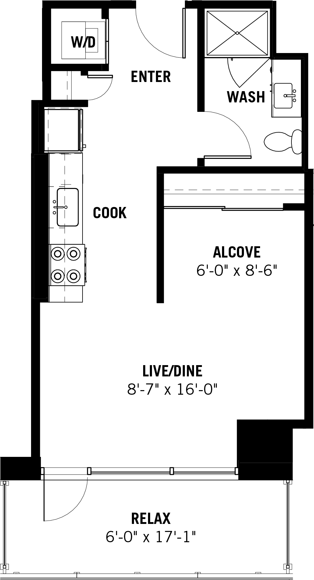 Studio with Alcove Floor Plan for Apartment 05