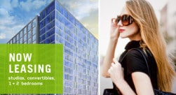 Two images of the building exterior and a lady in sunglasses