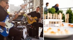 Two images of a band playing music and some plated food